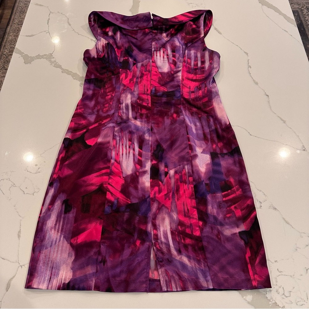 Connected Apparel Vibrant Purple Watercolor Satin A-Line Dress 12 Midi Formal - Picture 8 of 14